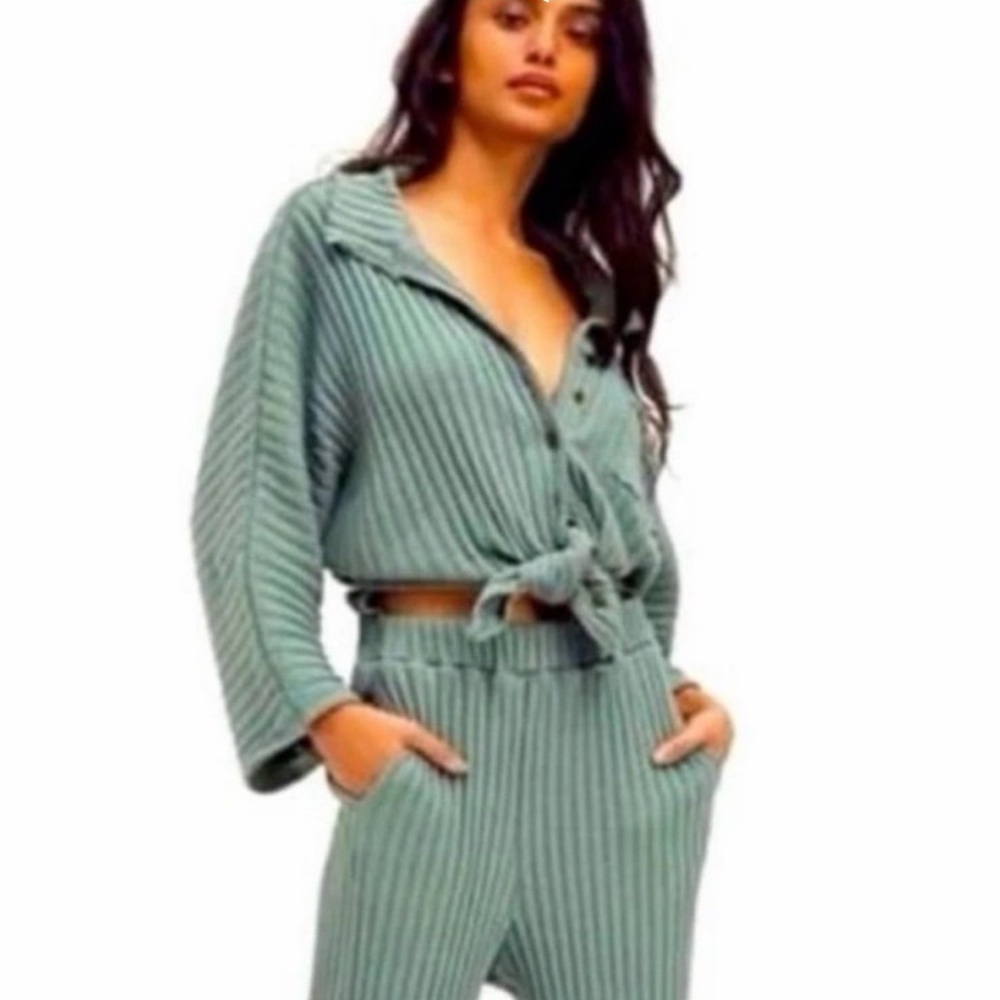 Woman’s Free People Beach Ribbed Sage Jumpsuits Set Size XS
